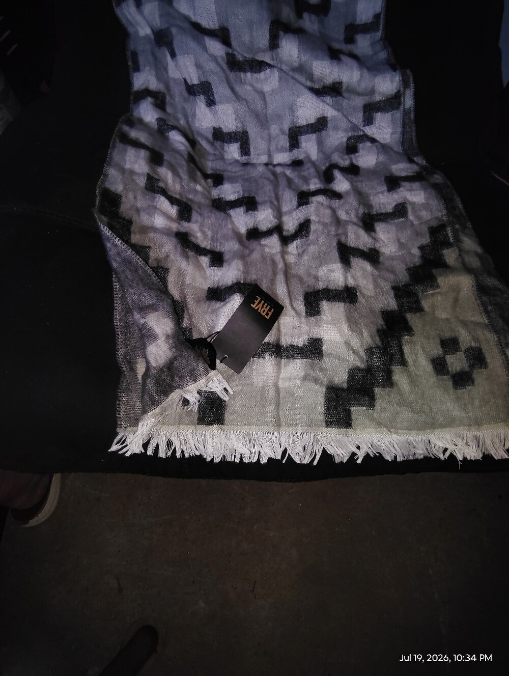 Frye Black and White Geometric Fringe Scarf